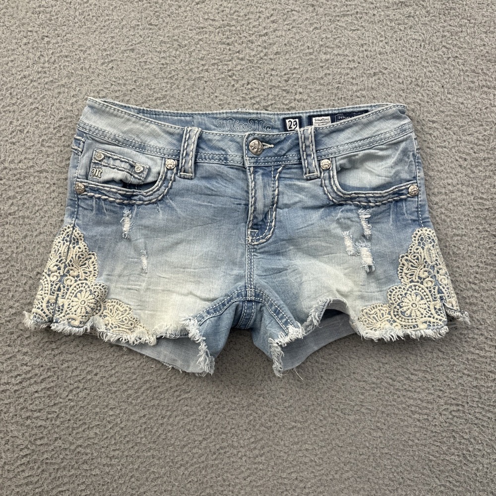 Miss Me Y2K Low Rise Signature Denim Jean Shorts Crochet Boho Festival Women 29 - Picture 2 of 8